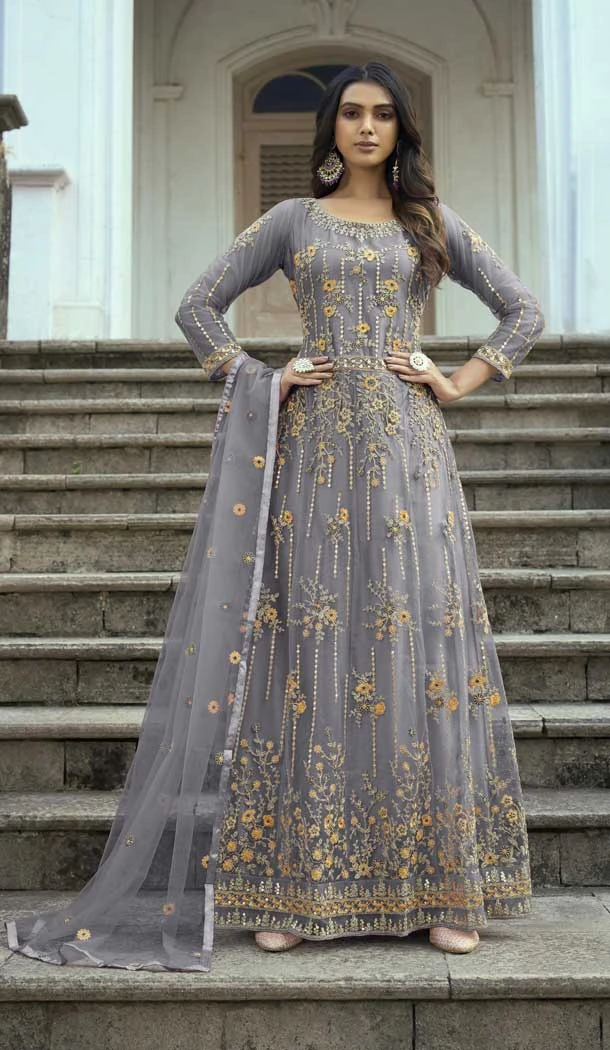 Heavy Butterfly Net Embroidery Work Party Wear Gown Dress in Grey -6835172636