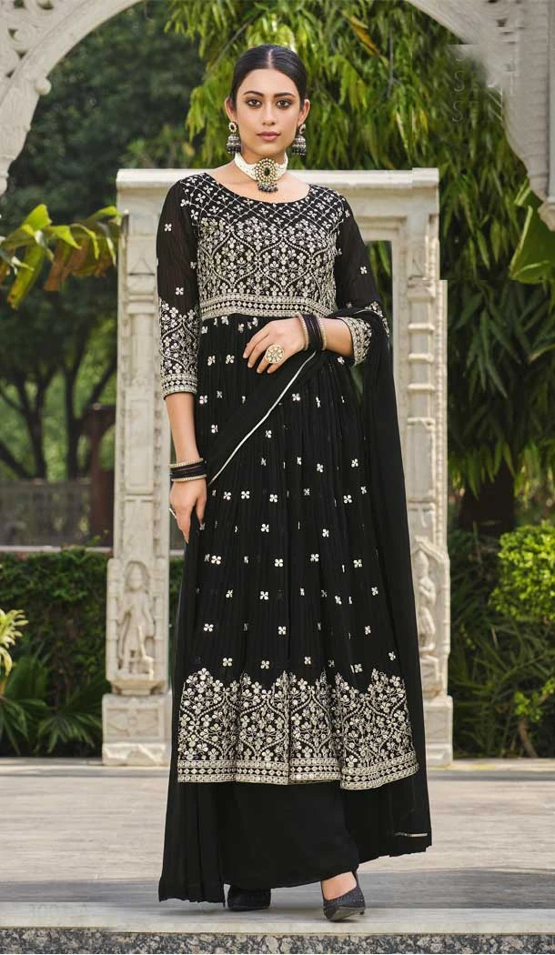 Pure Faux Georgette Sequence Work Party Wear Women Palazzo Suit  in Black -6842172665