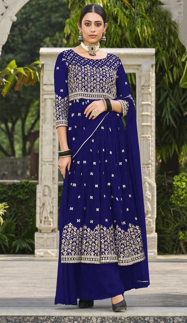 Pure Faux Georgette Sequence Work Party Wear Women Palazzo Suit  in Blue -6842172667
