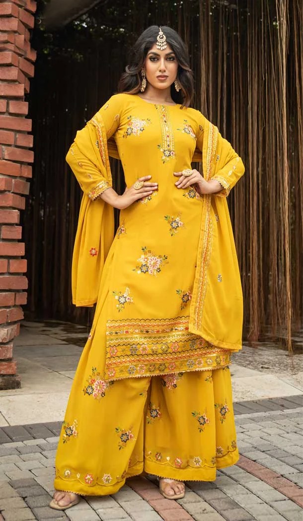 Function Wear Pakistani Style Embroidered Georgette Plazzo Suit in Yellow -7002173738