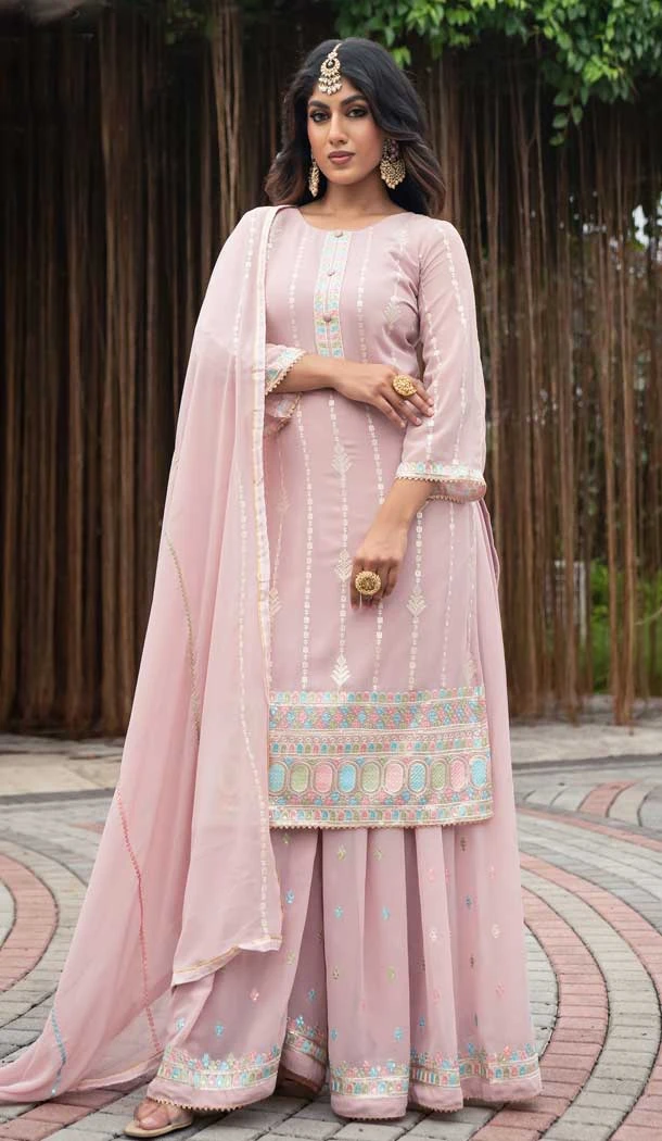 Function Wear Pakistani Style Embroidered Georgette Plazzo Suit in Light Pink -7002173739