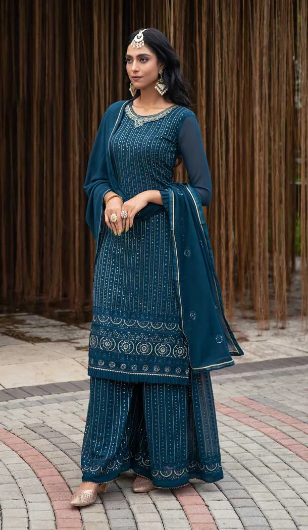 Function Wear Pakistani Style Embroidered Georgette Plazzo Suit in Teal -7002173740