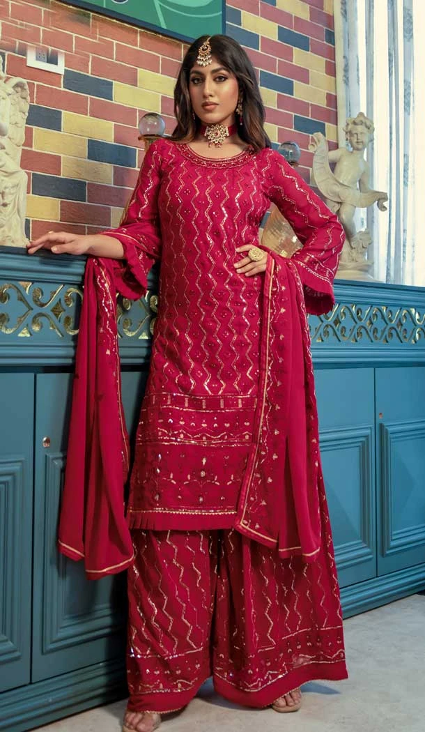Function Wear Pakistani Style Embroidered Georgette Plazzo Suit in Pink -7002173743