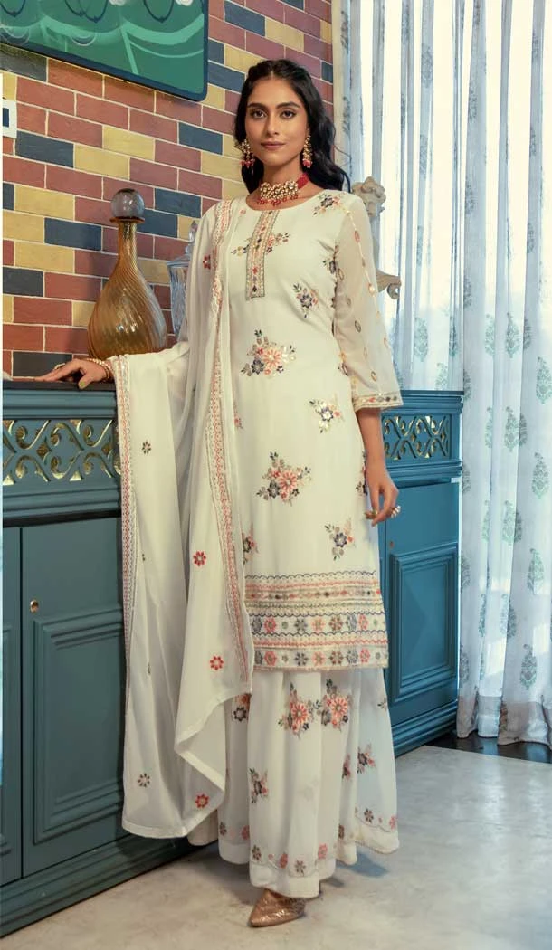 Function Wear Pakistani Style Embroidered Georgette Plazzo Suit in Off White -7002173744