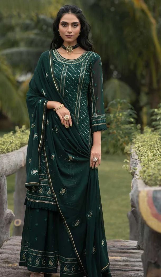 Function Wear Pakistani Style Embroidered Georgette Plazzo Suit in Green -7002173745