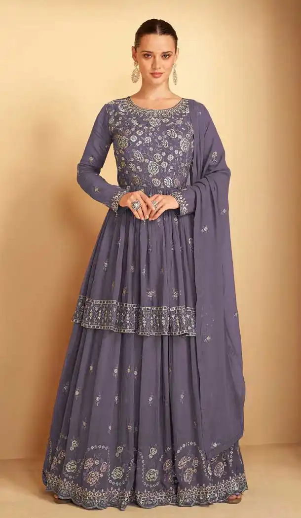 Heavy Designer Function Wear Indo-Western Suit in Faux Georgette Purple Color -6880172959