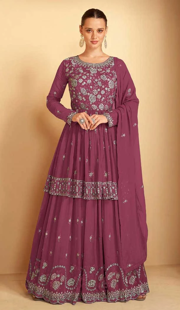 Heavy Designer Function Wear Indo-Western Suit in Faux Georgette Pink Color -6880172960