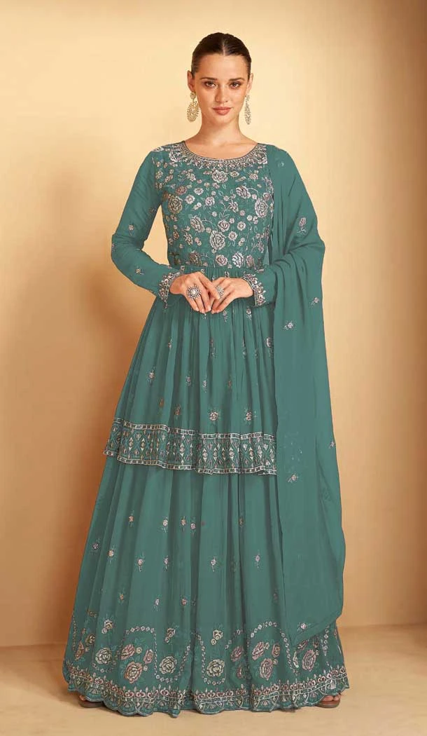 Heavy Designer Function Wear Indo-Western Suit in Faux Georgette Green Color -6880172961