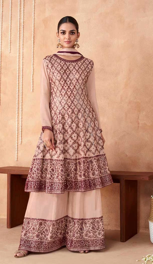 Evening Party Wear Heavy Faux Georgette Plazzo Salwar Suit in Peach -6881172963