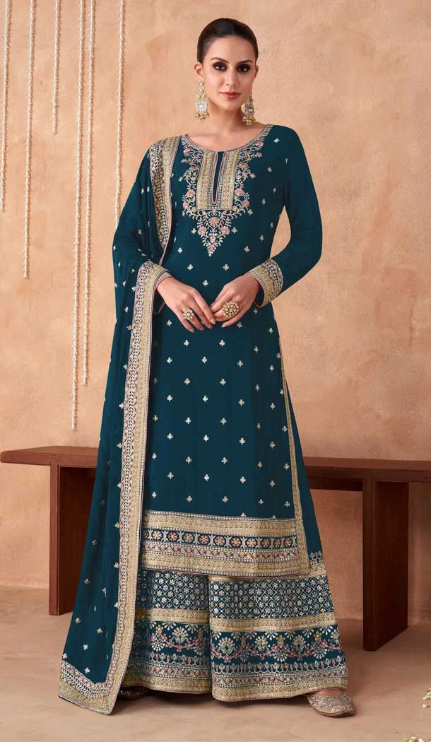 Faux Georgette Function Wear Heavy Designer Plazzo Salwar Suit in Blue -6964173514