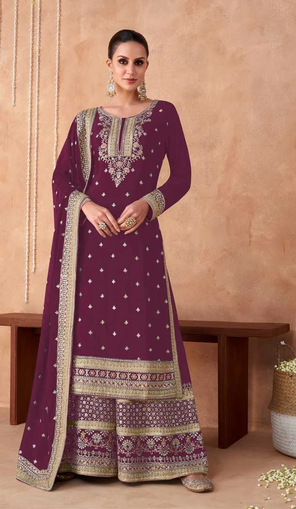 Faux Georgette Function Wear Heavy Designer Plazzo Salwar Suit in Purple -6964173515