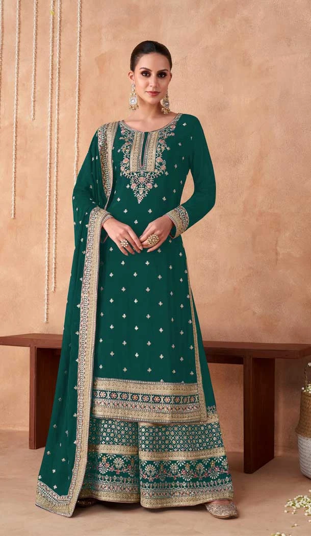 Faux Georgette Function Wear Heavy Designer Plazzo Salwar Suit in Green -6964173516