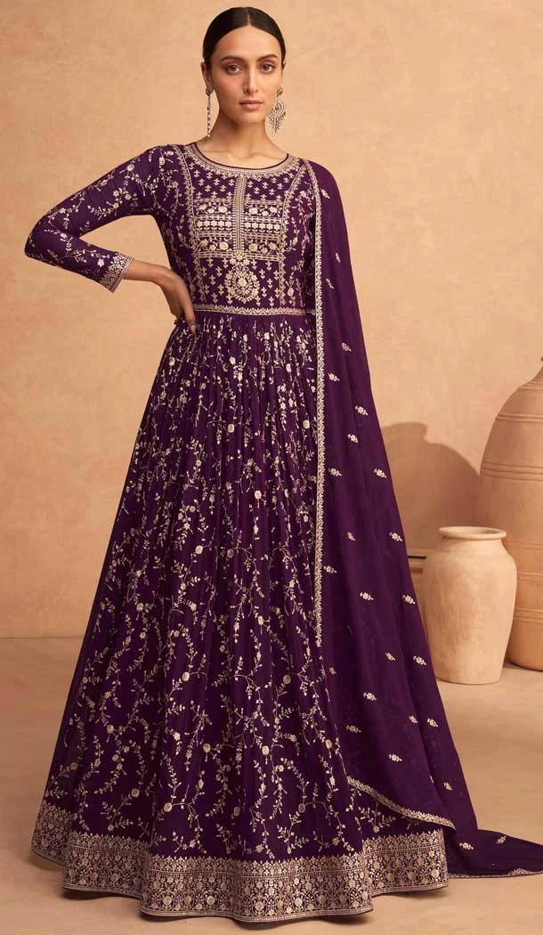 Embroidery Work Georgette Traditional Wear Anarkali Salwar Suit in Purple -6965173520