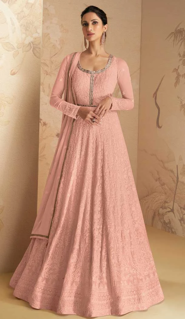 Georgette Embroidery Work Party Wear Anarkali Salwar Suit in Peach -6966173524