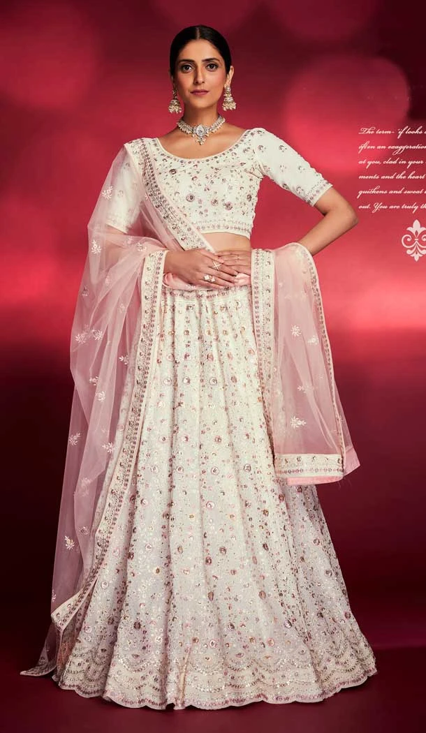 Sequence Work Georgette Designer Bridal Wedding Wear Lehenga in White -6985173620