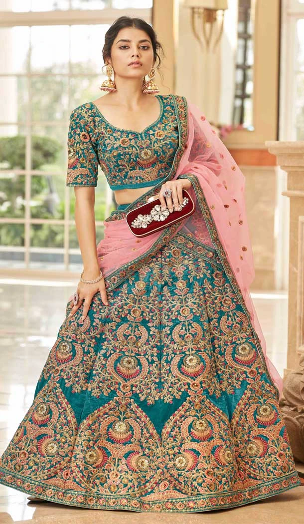 Velvet Sequins Embroidery Work Designer Party Wear Heavy Lehenga Choli in Teal Blue -7035173900