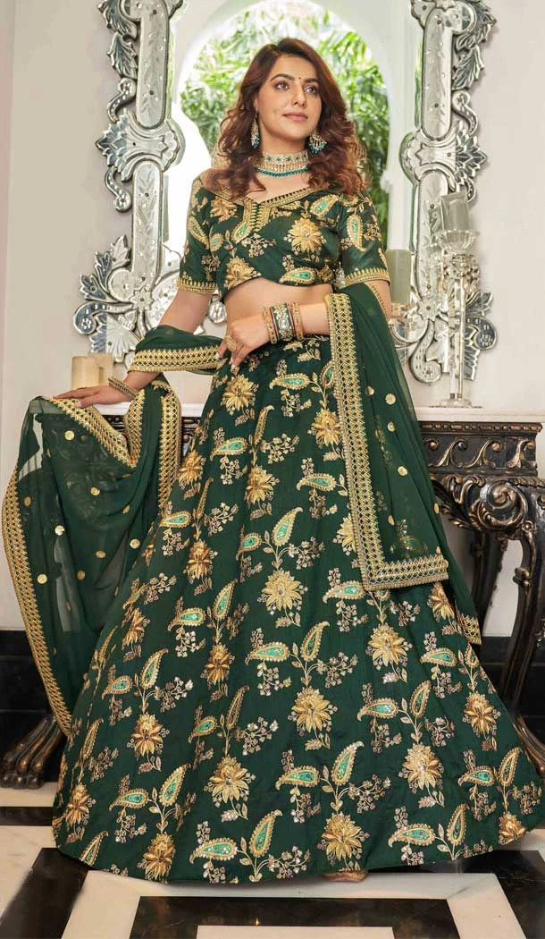 Art Silk Sequins Embroidery Work Designer Party Wear Heavy Lehenga Choli in Green -7035173901
