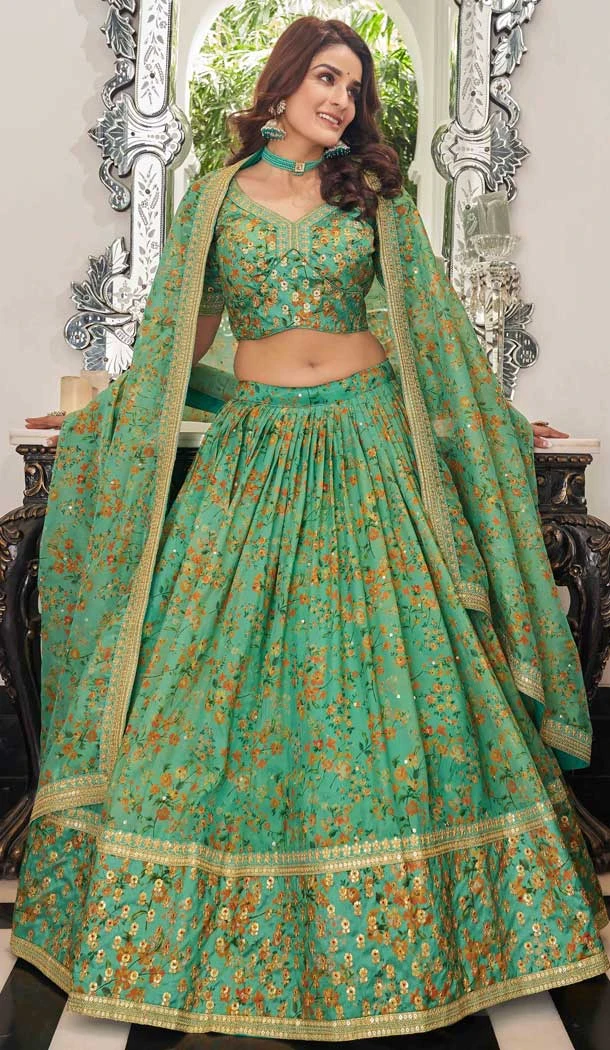 Organza Embroidery Work Designer Party Wear Heavy Lehenga Choli in Pista Green -7035173904