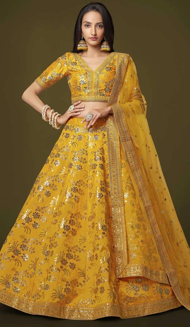 Zari Sequins Work Slub Silk Designer Party Wear Heavy Lehenga Choli in Yellow -7036173910