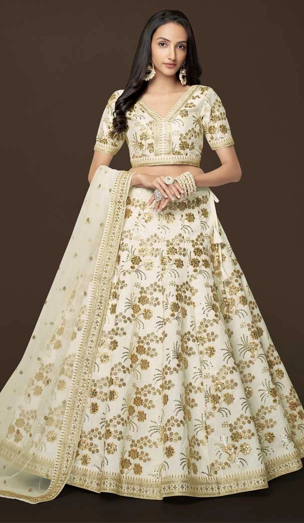 Zari Sequins Work Slub Silk Designer Party Wear Heavy Lehenga Choli in White -7036173912