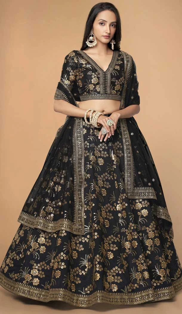 Zari Sequins Work Slub Silk Designer Party Wear Heavy Lehenga Choli in Black -7036173913