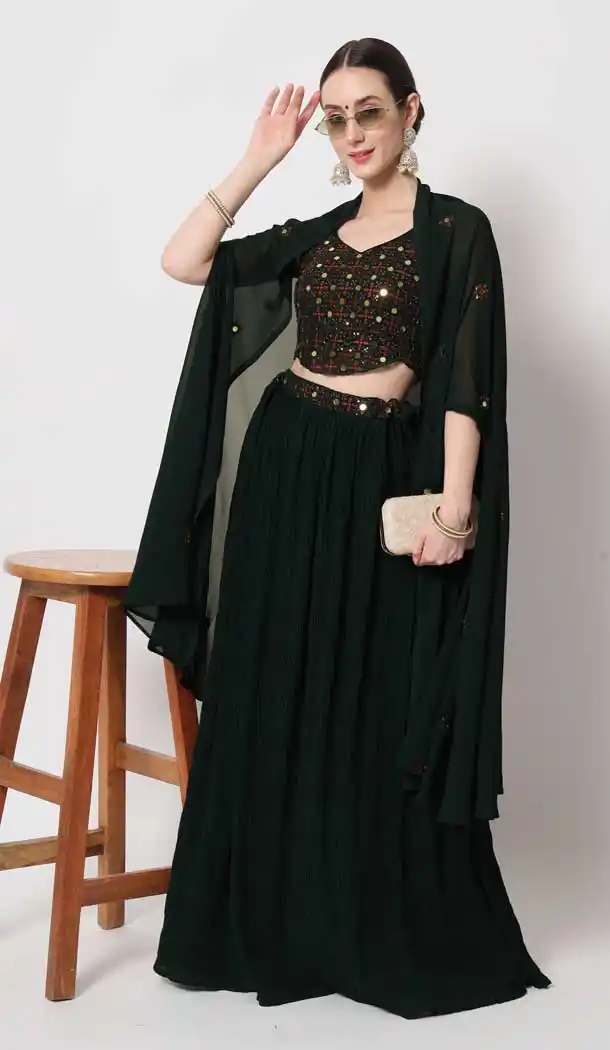 Party Wear Heavy Georgette Mirror Work Lehenga Choli in Green -7037173917