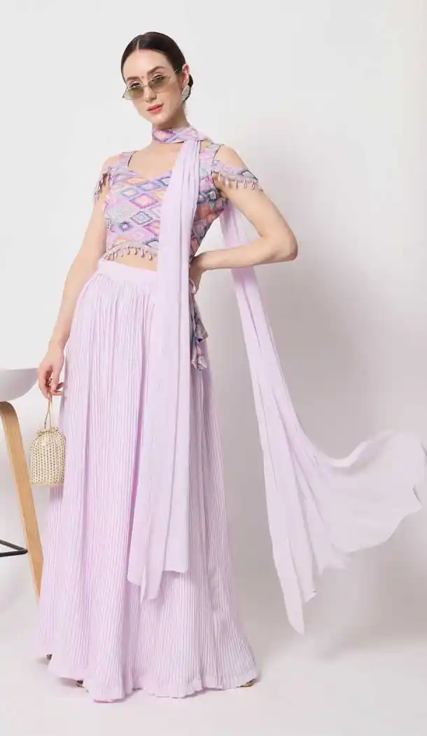 Party Wear Heavy Georgette Printed Work Lehenga Choli in Lovender -7037173920