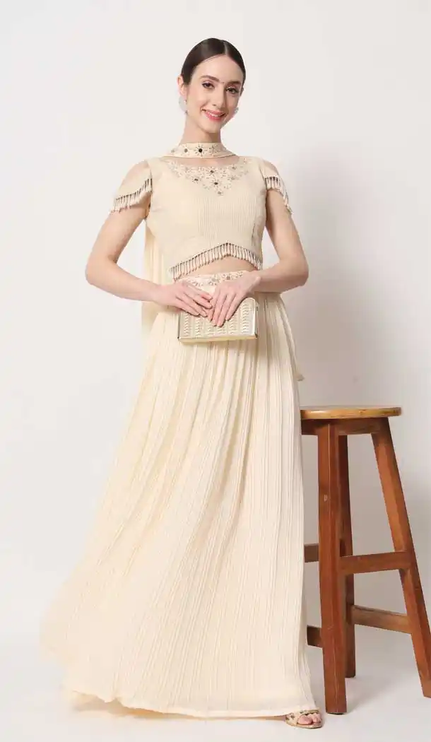 Party Wear Heavy Georgette Mirror Work Lehenga Choli in Beige -7037173922