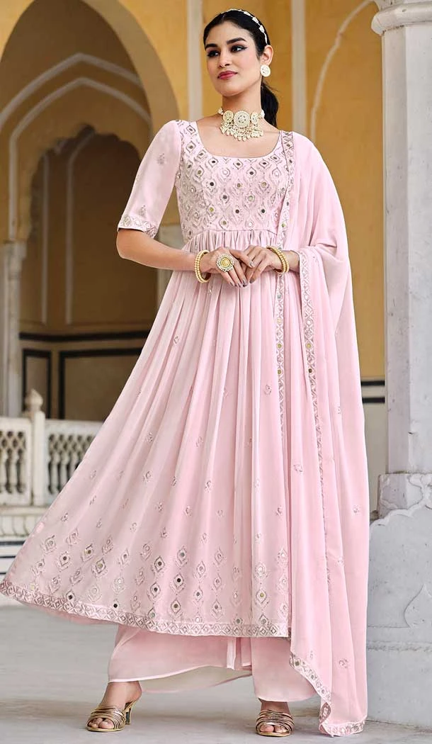 Designer Party Wear Heavy Mirror Work Georgette Palazzo Salwar Suit in Pink -7040173935