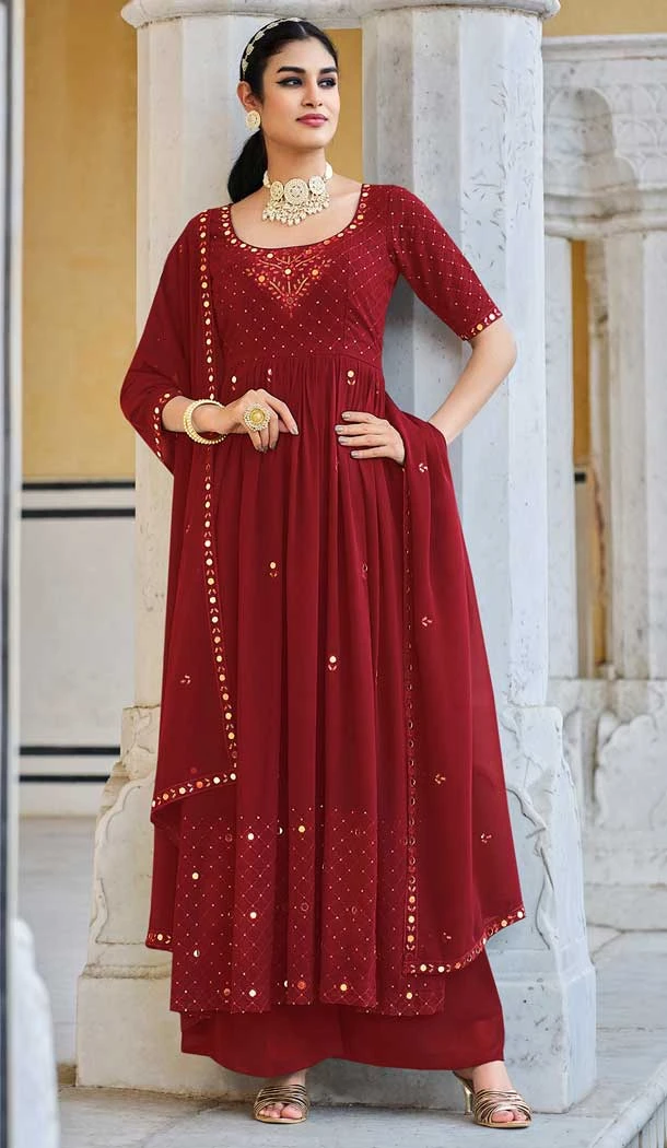 Designer Party Wear Heavy Mirror Work Georgette Palazzo Salwar Suit in Maroon -7040173936