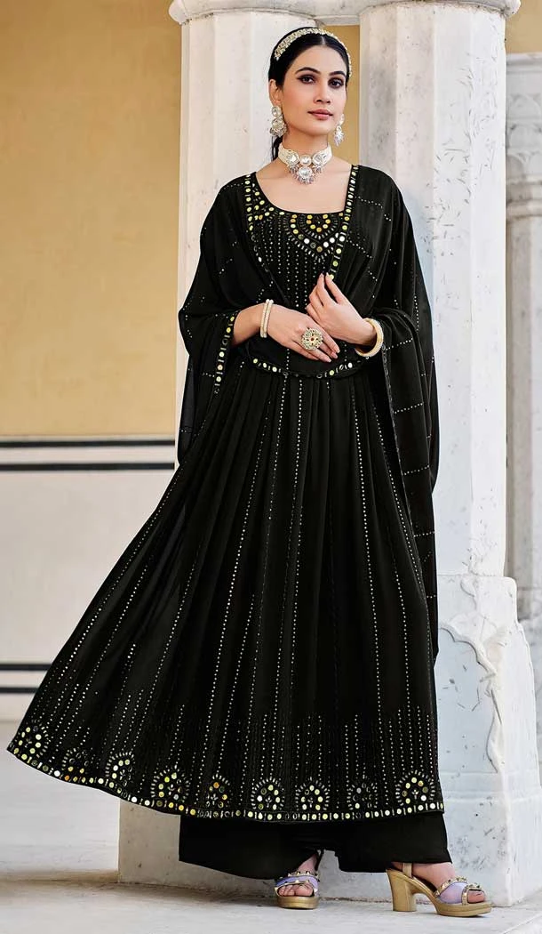Designer Party Wear Heavy Mirror Work Georgette Palazzo Salwar Suit in Black -7040173938