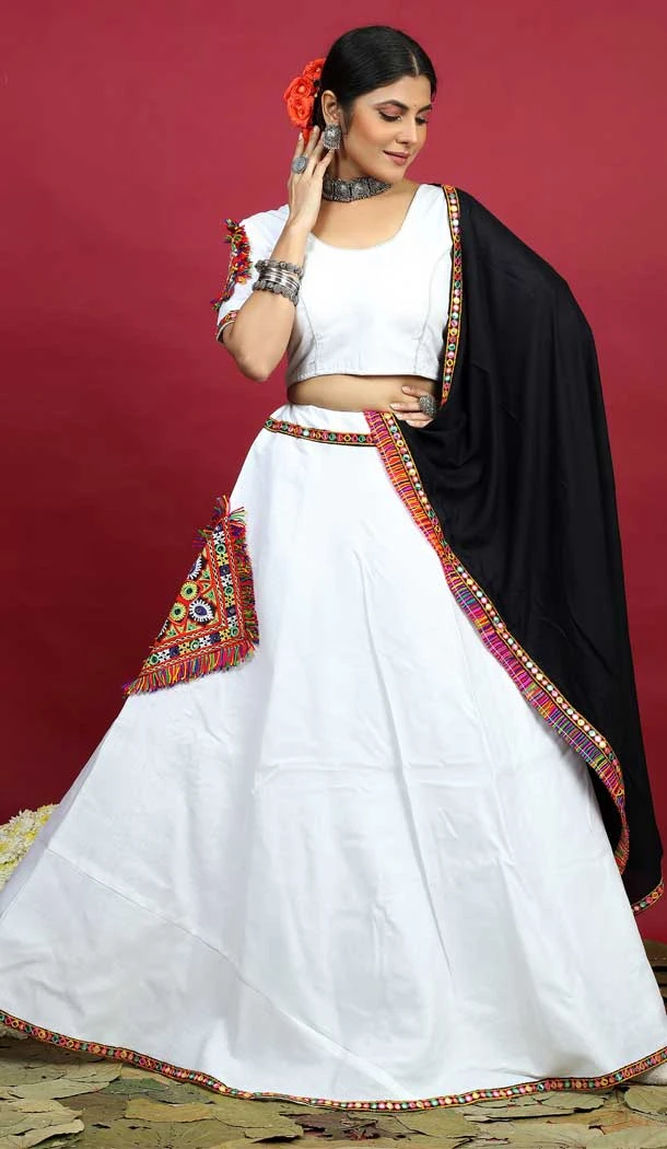 Navratri Special Occasion Cotton Thread Work Lehenga Choli in White Color -7515176672