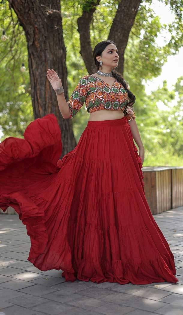 Navratri Special Occasion Reyon Embroidered Work Lehenga Choli in Red -7552176903