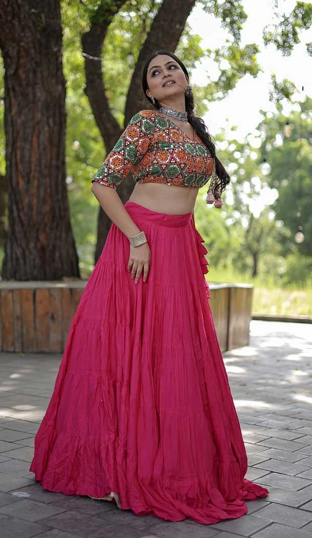 Navratri Special Occasion Rayon Embroidered Work Lehenga Choli in Pink -7552176905