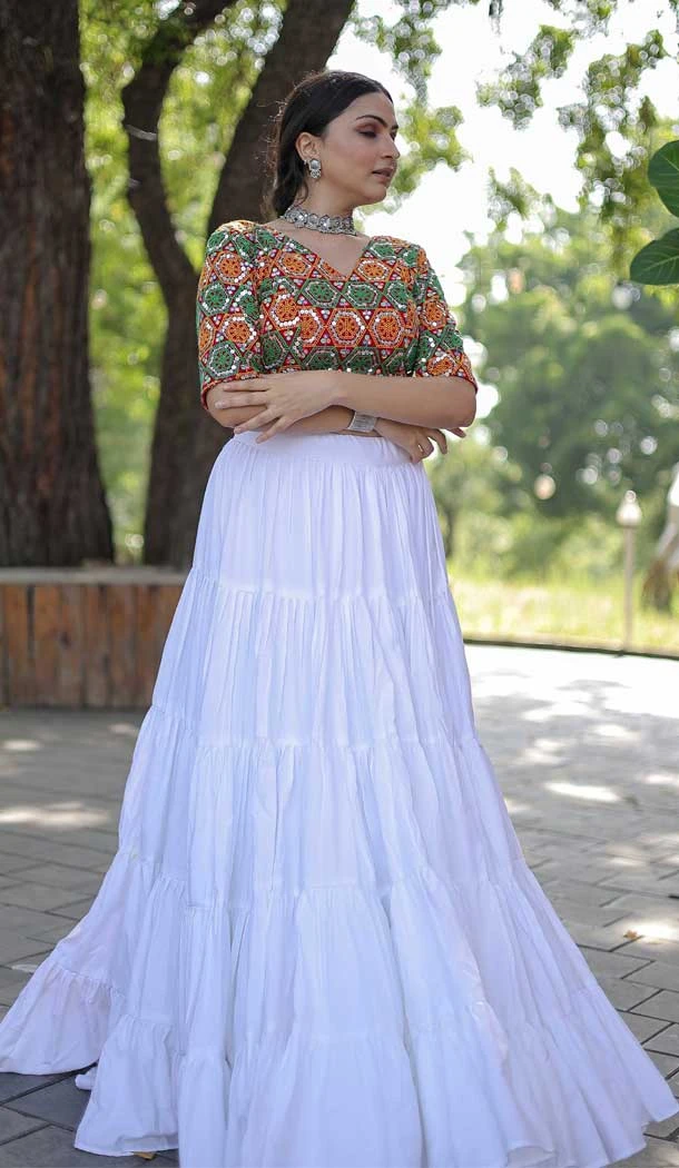 Navratri Special Occasion Rayon Embroidered Work Lehenga Choli in White -7552176906
