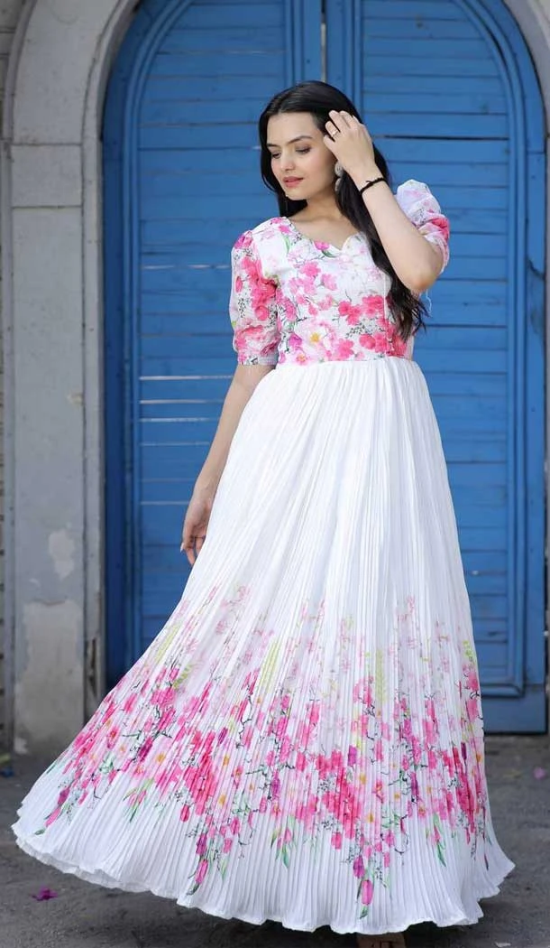 White Color Chinnon Digital Print Work Casual Wear Heavy Readymade Gown - 7057174032