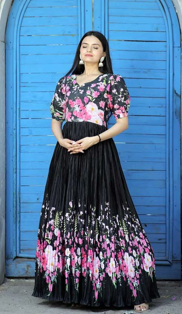 Black Color Chinnon Digital Print Work Casual Wear Heavy Readymade Gown - 7057174033