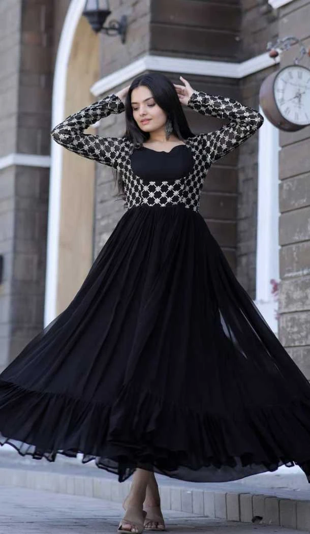 Black Color Faux Blooming Embroidered Work Casual Wear Heavy Readymade Gown - 7057174035