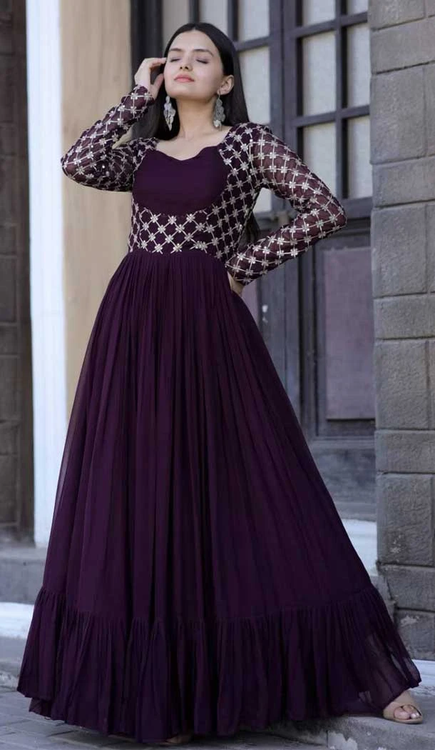Wine Color Faux Blooming Embroidered Work Casual Wear Heavy Readymade Gown - 7057174036