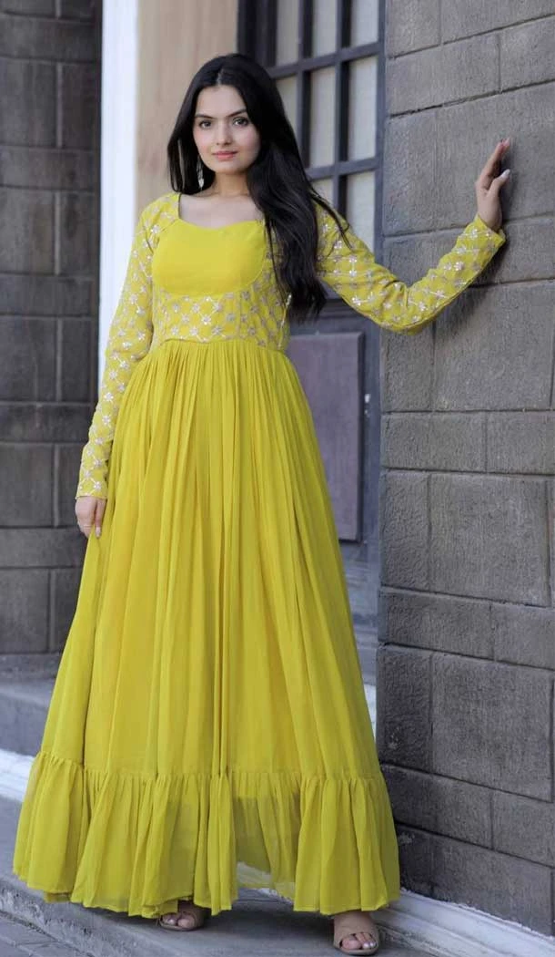 Neon Color Faux Blooming Embroidered Work Casual Wear Heavy Readymade Gown - 7057174037