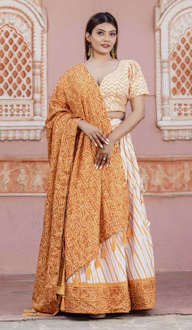 Soft Poly Cotton Bandhani Print Work Yellow Color Party Wear Lehenga Choli - 7058174038
