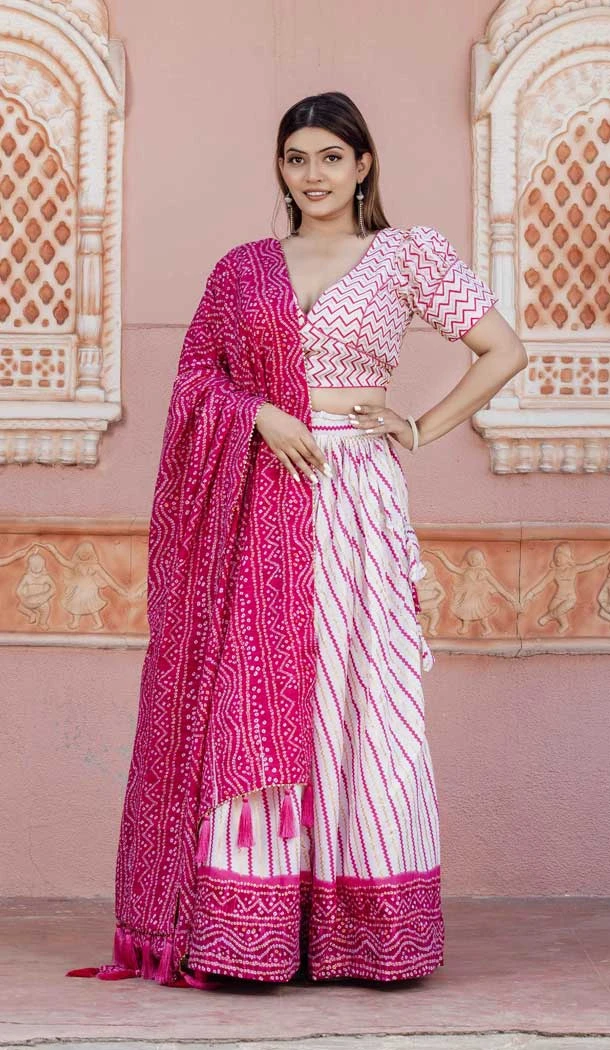 Soft Poly Cotton Bandhani Print Work Pink And White Color Party Wear Lehenga Choli - 7058174040