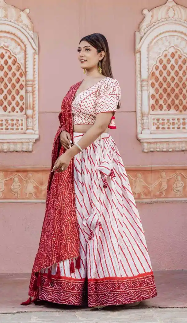 Soft Poly Cotton Bandhani Print Work Red And White Color Party Wear Lehenga Choli - 7058174041
