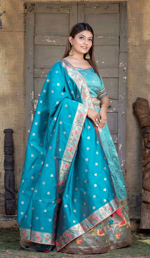Wedding Wear Firozi Color Paithani Silk Weaving Work Designer Lehenga Choli - 7059174042