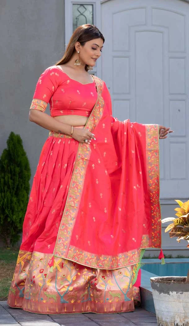 Wedding Wear Gajri Color Paithani Silk Weaving Work Designer Lehenga Choli - 7059174043
