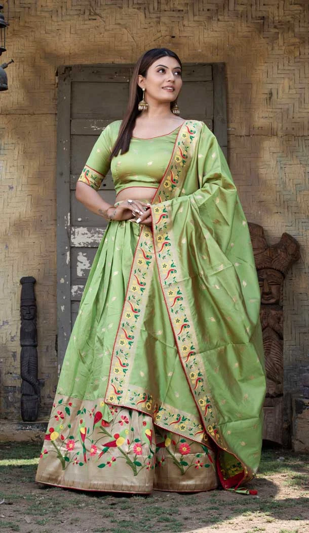 Wedding Wear Pista Color Paithani Silk Weaving Work Designer Lehenga Choli - 7059174044