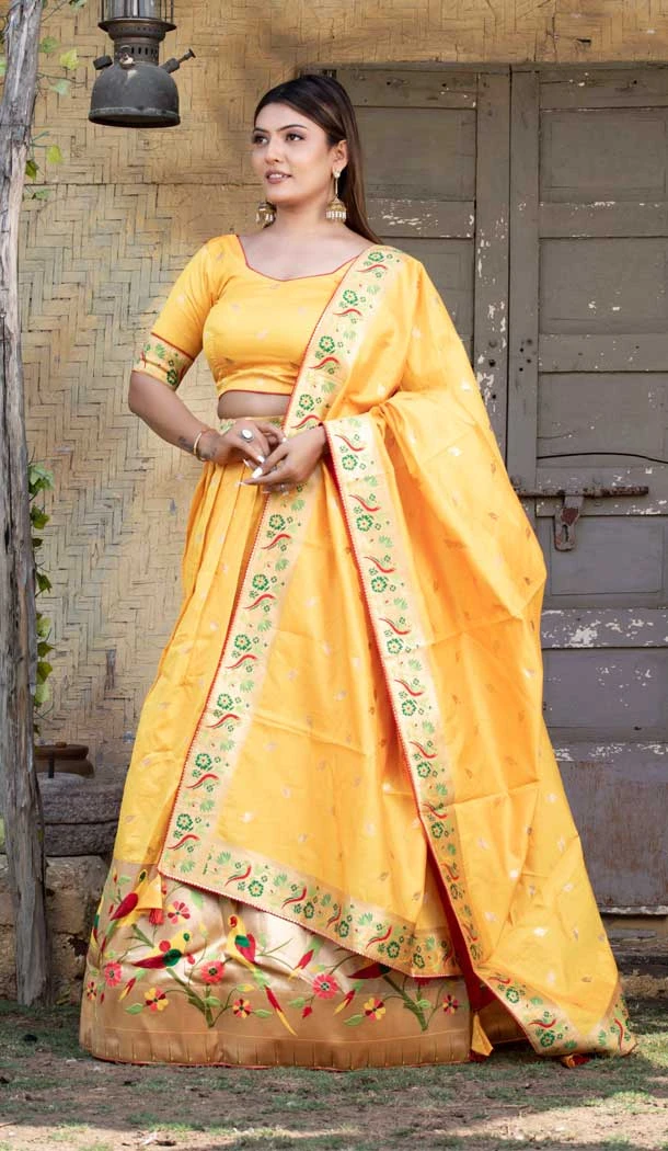 Wedding Wear Yellow Color Paithani Silk Weaving Work Designer Lehenga Choli - 7059174045