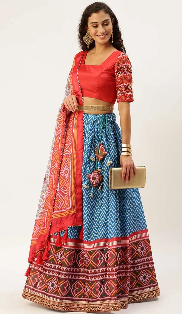 Blue Color Chinon Leheriya Patola Print Work Party Wear Designer Lehenga Choli - 7071174131