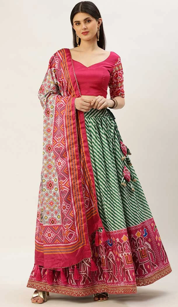 Green Color Chinon Leheriya Patola Print Work Party Wear Designer Lehenga Choli - 7071174132