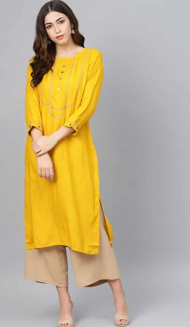 Casual Wear Yellow Color Viscose Rayon Embroidered Work Designer Readymade Kurti -7087174231